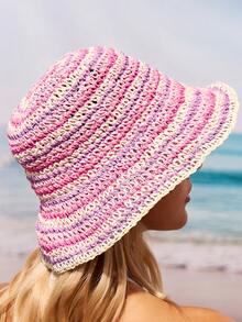 Swim Mod 1pc Rainbow Striped Straw Bucket Hat, Women Outdoor Fishing Cap, Woven Striped Bucket Hat, Large Size - Fixed Fit, Wide Brim Beach Vacation Straw Hat - Multicolor - View 16