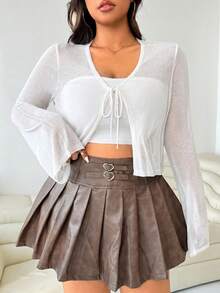 Solflare Cardigan Wanita Ukuran Besar untuk Musim Semi/Panas, Kasual, Liburan, Perjalanan Sehari-hari, Minimalis, Serbaguna, Warna Polos, Ikat Depan, Pendek, Semi-Transparan, Musim Gugur - Putih - View 6