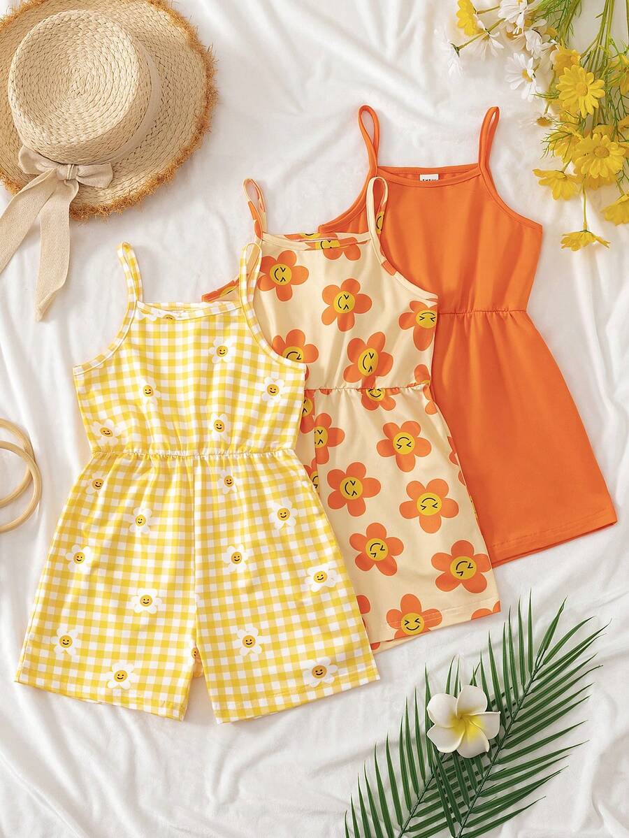 SHEIN Elladie kids 女童針織牛奶絲彈性吊帶連身衣3件組，甜美休閒度假風，純色+大花臉+格紋雛菊印花，嬰幼兒居家日常戶外玩樂幼兒園學校休閒百搭，柔軟舒適收腰連身衣，活潑活力夏日風