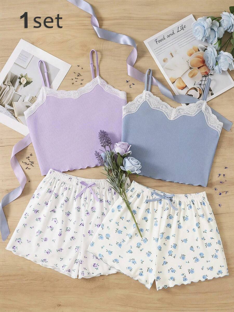 Women's Lace Trim Ribbed Camisole And Ditsy Floral Shorts Casual Knit Pajama Set - Purple - View 1