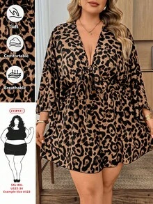 SHEIN CURVE+ 大尺碼度假休閒性感V領綁帶寬鬆印花女款連身褲，適合波希米亞音樂節、秋季外出、海灘，米色 - 彩色 - 查看 8