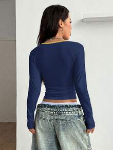 Coolane Women's Casual Minimalist Blue & Yellow Contrast Color Pattern Raglan Sleeve T-Shirt - Multicolor - View 6