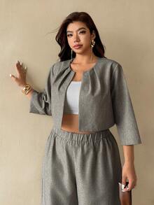 Auralis Plus Size Women Pleated Design Open Front 3/4 Sleeve Blazer Outfits Office Work Casual Elegant Summer Daily For Fall/Winter Gray - Grey - View 8