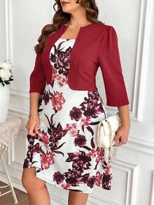 Reflora Vestido elegante de manga 3/4 con estampado floral para mujeres de talla grande, adecuado para vacaciones - Burdeos - Ver 5