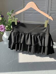 Comfortcana Chân váy mini nữ cạp thấp, màu trơn, nhiều lớp bèo nhún ở gấu - màu đen - Xem 6