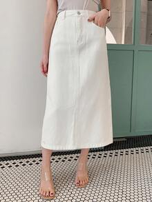 DAZY Solid Color Slit Pocket Women Straight Long Casual Denim Skirt Jeans Skirt - White - View 3