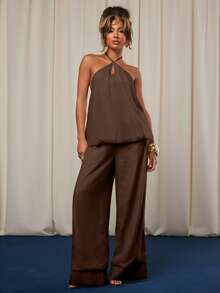 NYA SZN Floral Chiffon Pant And Top Set - Coffee Brown - View 6