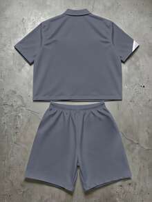 Manfinity EMRG Conjunto de camisa de manga corta y pantalones cortos con cordón de color bloque para hombres - Multicolor - Ver 2