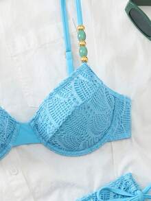 Swim Chiccia 26SS Spring/Summer Vacation Beach Textured Fabric Green Underwire Push-Up Swimsuit Two Pieces Set - Blue - View 7