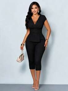 SOLERSUN Women's Deep V-Neck Pleated Short-Sleeved Fitted T-Shirt And Capri Pants Two Pieces Set Features A Pleated Waist Asymmetrical Hem Elegant Office Black - Black - View 6