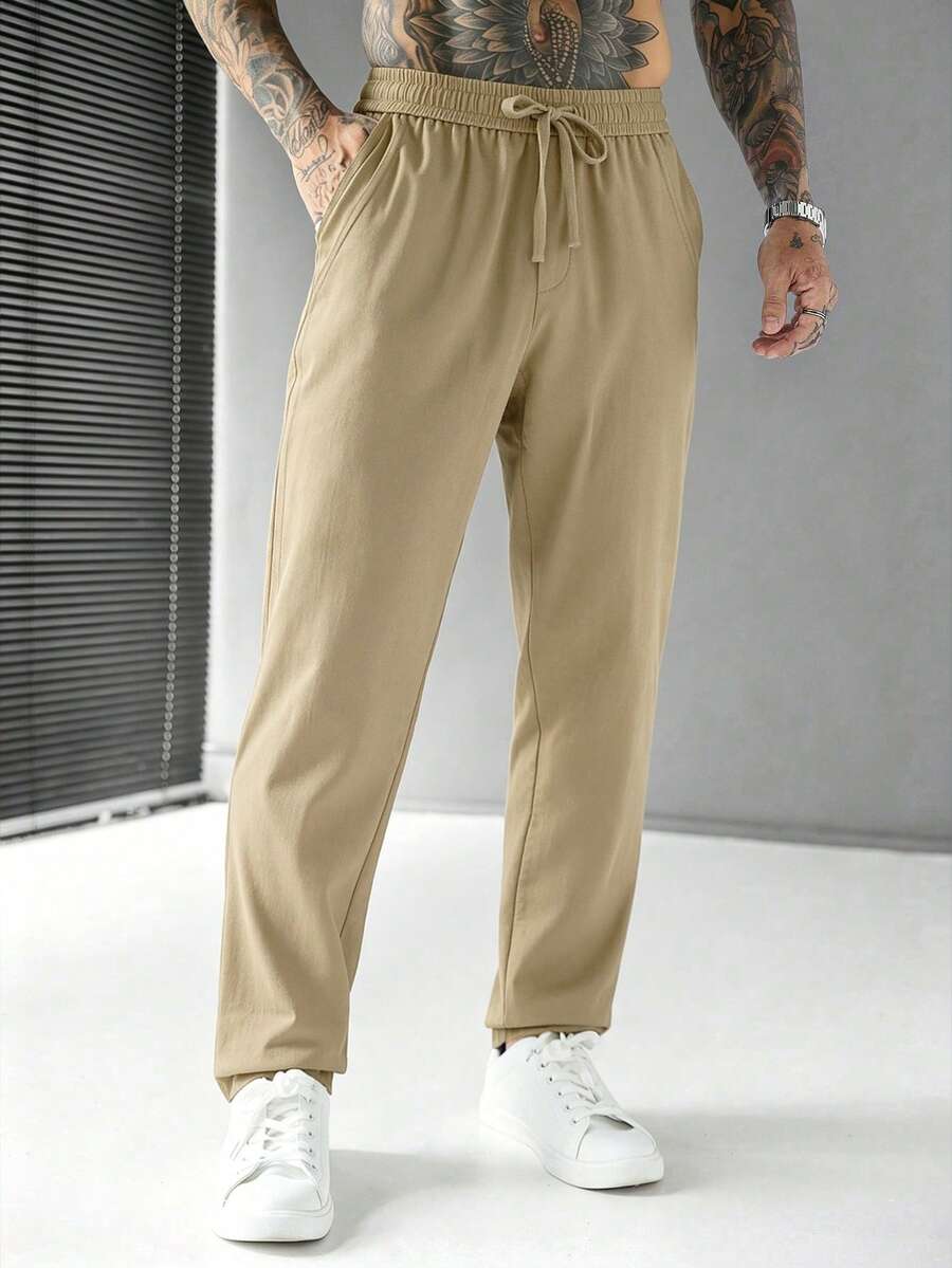 SLATEMANN Men's Solid Color Drawstring Waist Casual Versatile Daily Travel Long Pants - Khaki - View 1