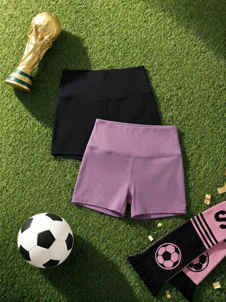 SHEIN Cheerettes 2pcs/Set Women's Solid Color Minimalist Fitted Sports Shorts