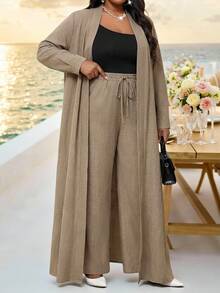 SHEIN Lady Plus Size Women's Solid Color Casual Versatile Daily Long Sleeve Jacket - Khaki - View 3