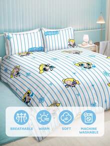 THE POWERPUFF GIRLS X SHEIN 三件套可爱卡通印花被套，光滑面料，柔软保暖，红色被套，多种尺寸可选，适用于单人床/双人床/大号床/特大号床 - 藍色 - 查看 7