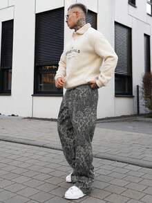 Artur Kramer Men's Denim Jeans With Leopard Print, Retro High Street Fashion Casual Loose Straight Leg Pants - Grey - View 4