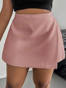 SHEIN PETITE CURVE Plus Size Women's Solid Color Asymmetric Hem Fashion Skirt - Pink - View 5
