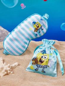 SpongeBob SquarePants | SHEIN 1個可愛條紋緞面印花眼罩，附贈收納袋，有效遮光，適合睡眠時使用，材質柔軟，不傷皮膚 - 藍色 - 查看 2