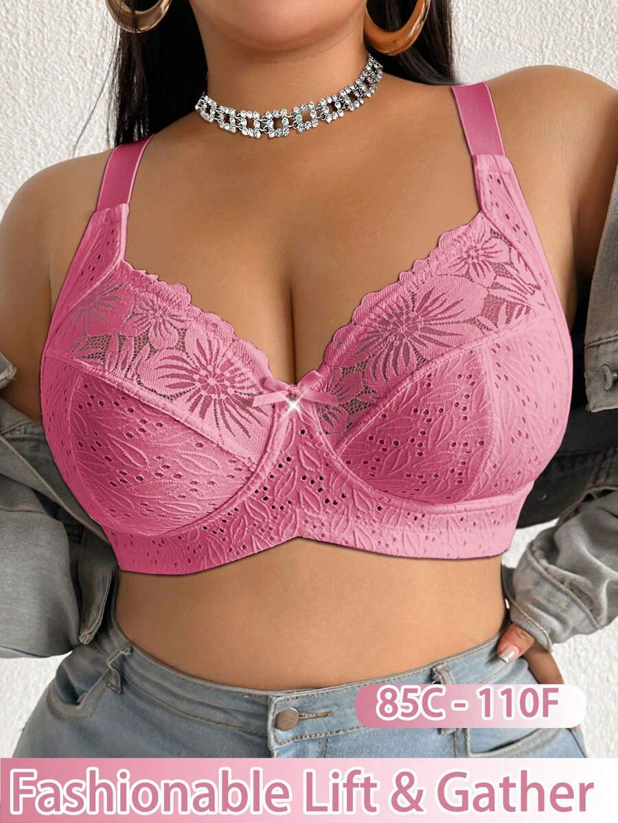 DesireSculpt Plus Size Lace Patchwork Non-Wired Bralette 1 Piece - Hot Pink - View 1