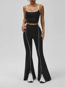 SHEIN Sports Women's Contrast Color Fitted Tank Top And Striped Flared Leg Split Hem Pants Sports Suit - Black - View 7