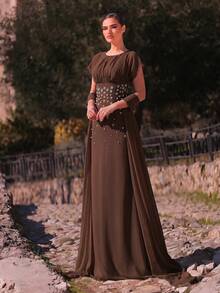 Aureia Elegant, , Fashionable Chiffon Fabric Rhinestone Decor Ruched A-Line Formal Party Dress, Suitable For Wedding Guest, Bachelorette Dinner - Brown - View 5