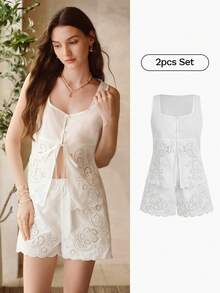 MOTF PREMIUM WOMEN'S HOLLOW EMBROIDERED COTTON LINEN PAJAMA SET - Beige - View 8