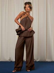 NYA SZN Floral Chiffon Pant And Top Set - Coffee Brown - View 4