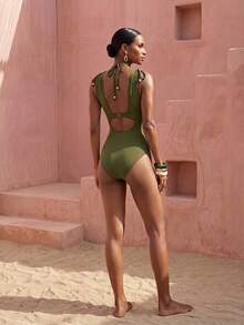 Zivah Women's Beach Vacation Casual Tropical Olive Green Deep V-Neck One-Piece Swimsuit, Hollow Out Chest Detail With Bead Embellishment Summer - Army Green - View 11