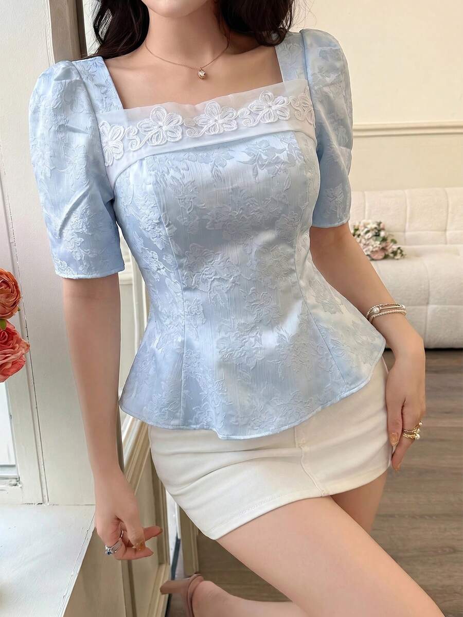 Feyla Women's Sweet Elegant Exquisite Embroidered Ruffle Hem Shirt