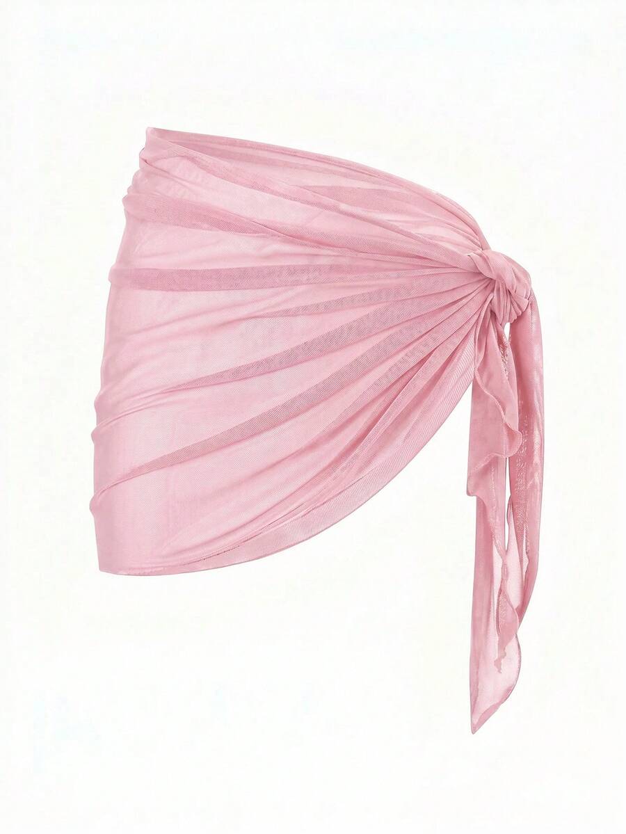 Swim Basics Vacation Beach Solid Color Mesh Cover-Up Skirt - Pink - View 1