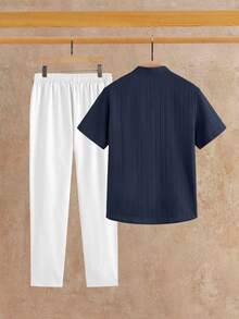 HIMLAND Men's Textured Single-Breasted Short Sleeve Shirt And Solid Color Pocket Drawstring Waist Long Pants Set - Multicolor - View 2