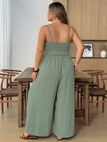 SHEIN CURVE+ Plus Size Casual Vacation Cross Strap Ruched Strapless Loose Jumpsuit - Green - View 2