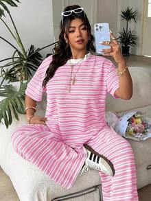 SHEIN EZwear 大尺碼女款條紋圓領短袖T恤與長褲休閒兩件套 - 淺粉色 - 查看 7