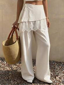 DAZY Women's Loose Straight Leg Pants With Elastic Waist And Drawstring, Casual Elegant Autumn Trousers Brunch White - Apricot - View 3