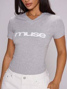 MUSERA Grey Jersey Graphic Printed V Neck Fitted Top - Black and White - View 6