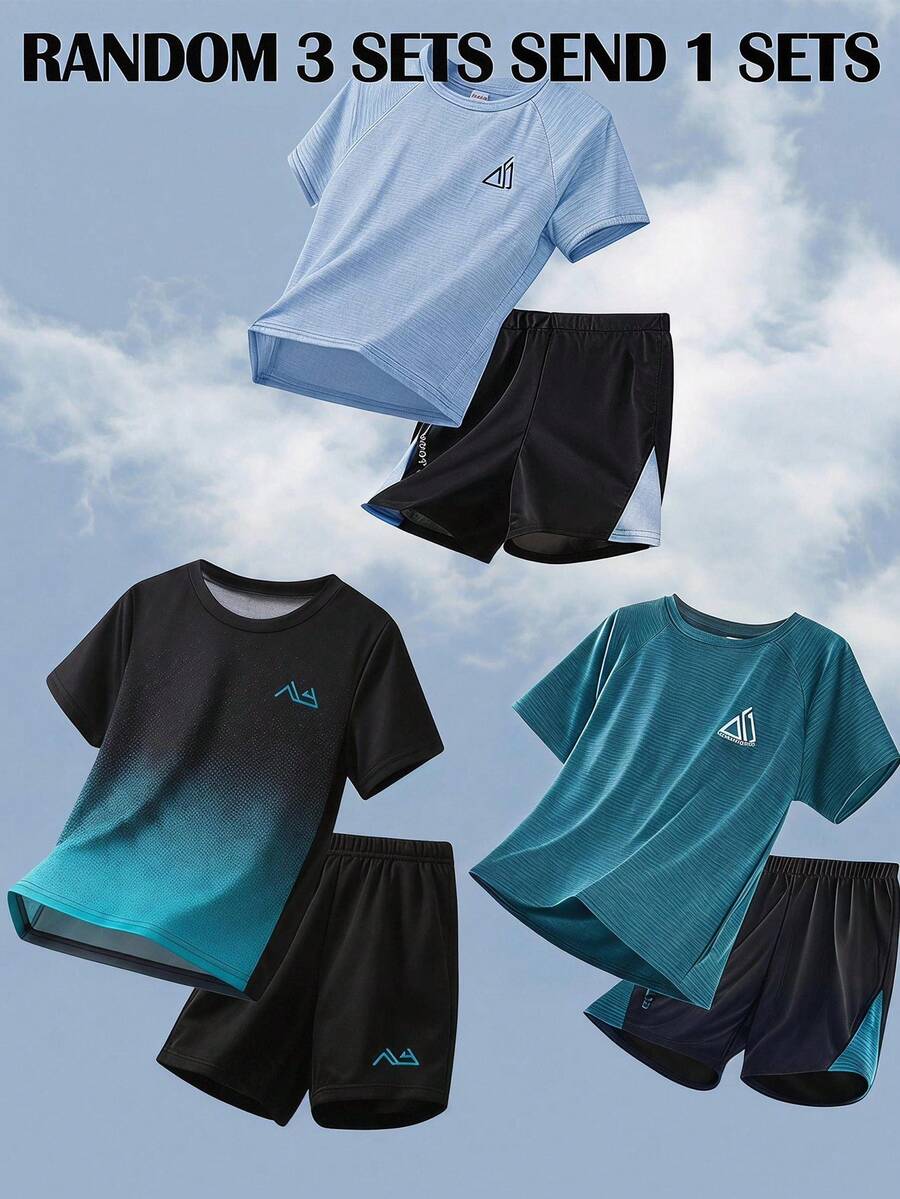 SHEIN 2件套男童休闲足球图案圆领短袖T恤和短裤运动套装 - 彩色 - 查看 1