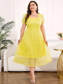 Reflora Plus Size Elegant Solid Color Embroidered Mesh Summer Dress - Yellow - View 4