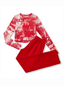 Rest Era Women's Printed Top And Solid Color Pants Pajama Set Red Pajama Set Red Pj Set Red Two Piece Outfit - Multicolor - View 1