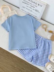 Playful Pals 2件組 幼童男童夏季圓領落肩短袖上衣與條紋印花短褲，適合外出、戶外玩耍、休閒日常穿著 - 藍色 - 查看 2