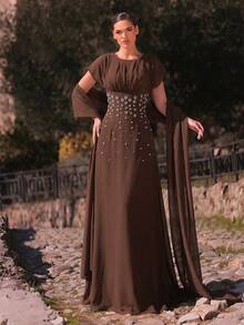 Aureia Elegant, , Fashionable Chiffon Fabric Rhinestone Decor Ruched A-Line Formal Party Dress, Suitable For Wedding Guest, Bachelorette Dinner - Brown - View 1