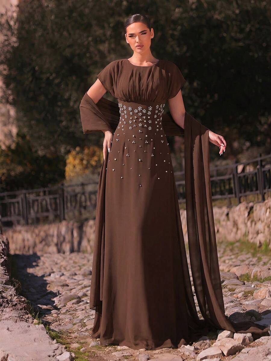 Aureia Elegant, , Fashionable Chiffon Fabric Rhinestone Decor Ruched A-Line Formal Party Dress, Suitable For Wedding Guest, Bachelorette Dinner - Brown - View 1