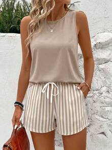 EMERY ROSE Plus Size Sleeveless White Print Shorts Set, Casual Tropical For Outdoor Holiday, Spring/Summer Vacation - Khaki - View 4