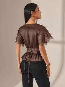 SHEIN PETITE Blouse d'été élégante vintage pour femmes, couleur unie avec contraste de dentelle, taille cintrée, pour tea party, marron, pour femmes de petite taille - Tabac - Voir 2