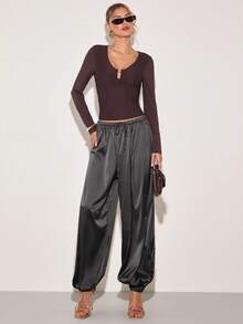 COSMINA Women's Drawstring Draped Tapered Wide Leg Long Pants - Grey - View 7