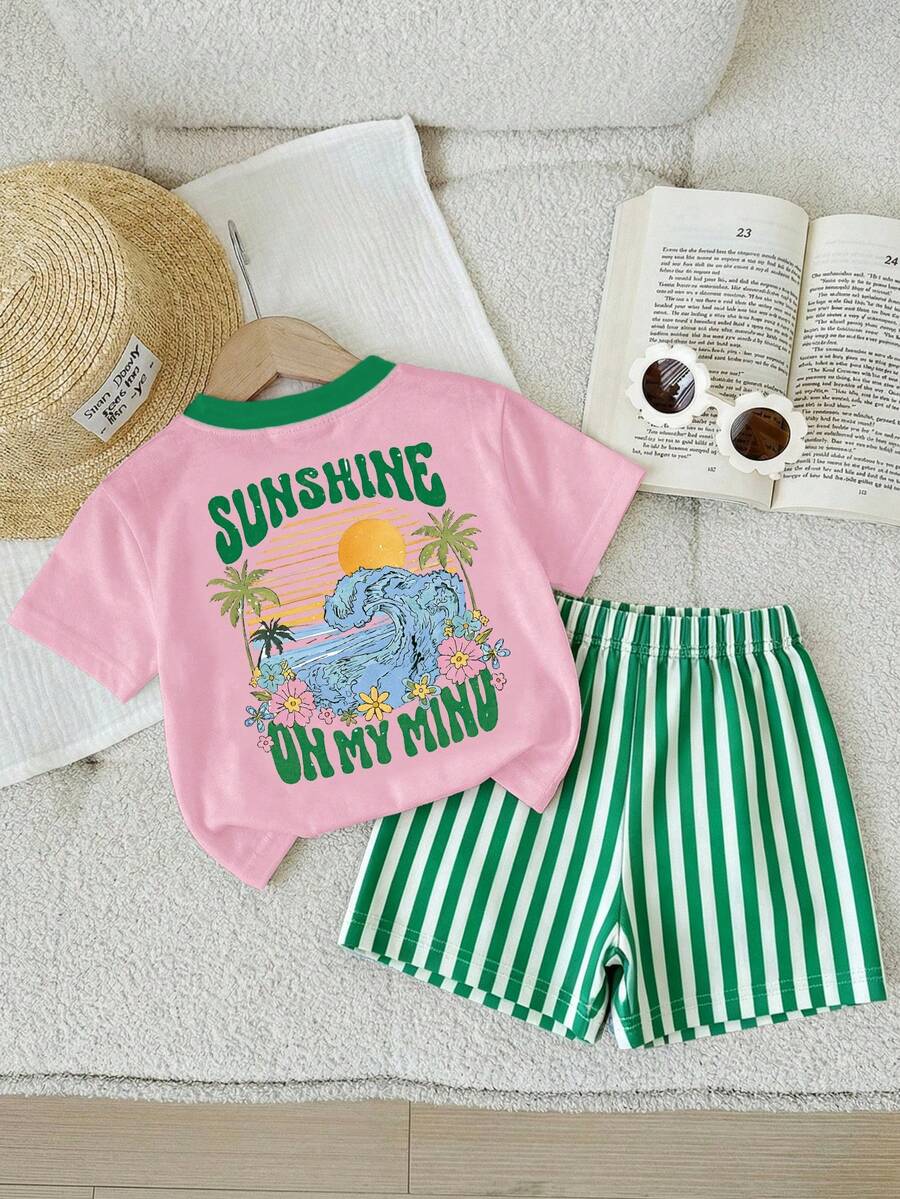 SHEIN Baby Girl Casual Simple Round Neck Loose Short Sleeve T-Shirt And Tight Biker Shorts Set, Suitable For Spring And Summer - Multicolor - View 1