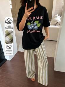Livesso 2件組女款夏季睡衣套裝，寬鬆短袖藍莓印花T恤搭配條紋直筒長褲 - 黑色 - 查看 4