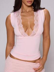 MUSERA Pink Lace Trimmed Plunge Front Cami Top - Pink - View 6