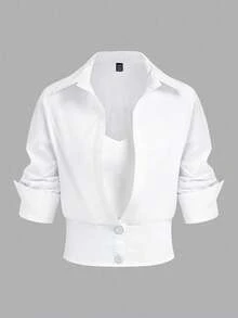 SHEIN Top corto 2 en 1 de manga larga con botones y cintura definida de unicolor para mujer talla grande - Blanco - Ver 1