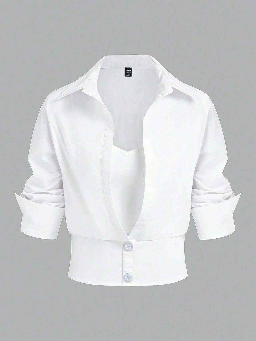 SHEIN Top corto 2 en 1 de manga larga con botones y cintura definida de unicolor para mujer talla grande - Blanco - Ver 1