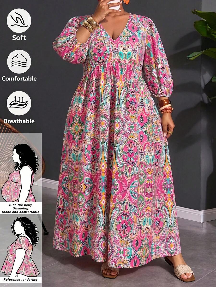 SHEIN CURVE+ 大尺碼佩斯利印花V領寬鬆燈籠袖洋裝