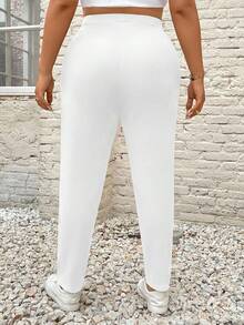 SHEIN PETITE CURVE 大尺碼女款字母印花牛仔口袋休閒百搭長褲 - 白色 - 查看 2
